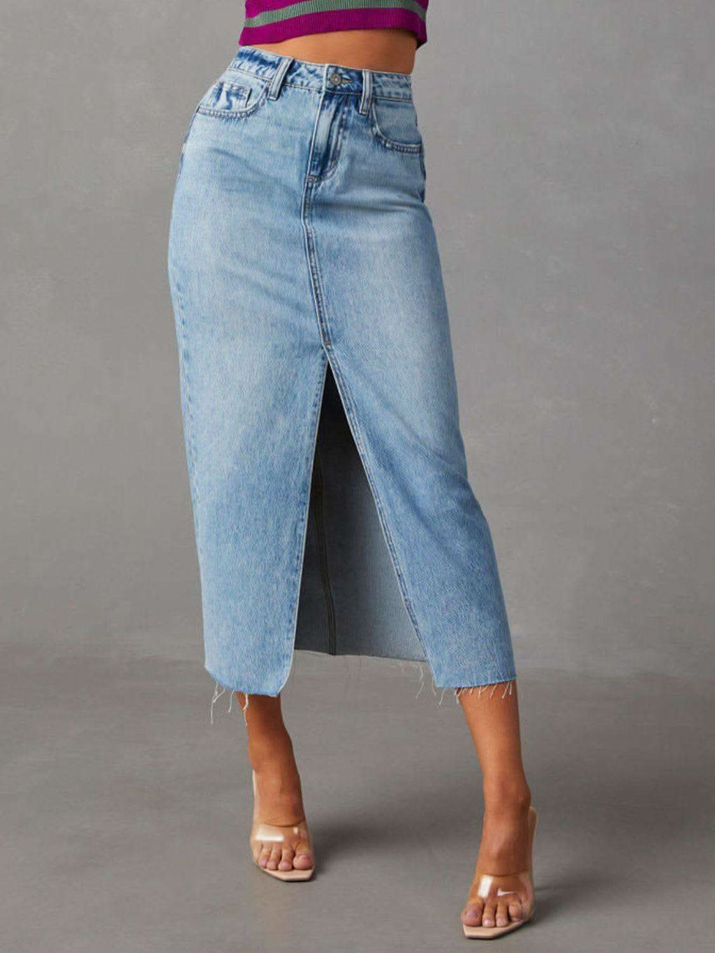 Raw Hem Front Slit Denim Midi Skirt - SwagglyLife Home & Fashion