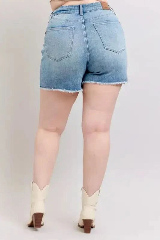 Judy Blue Full Size High Waist Western Embroidery Detail Cut Off Denim Shorts Plus Size in - photo