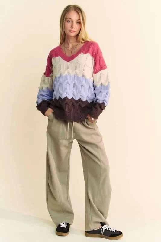 Davi & Dani Wavy Texture Color Block V-Neck Sweater in - photo