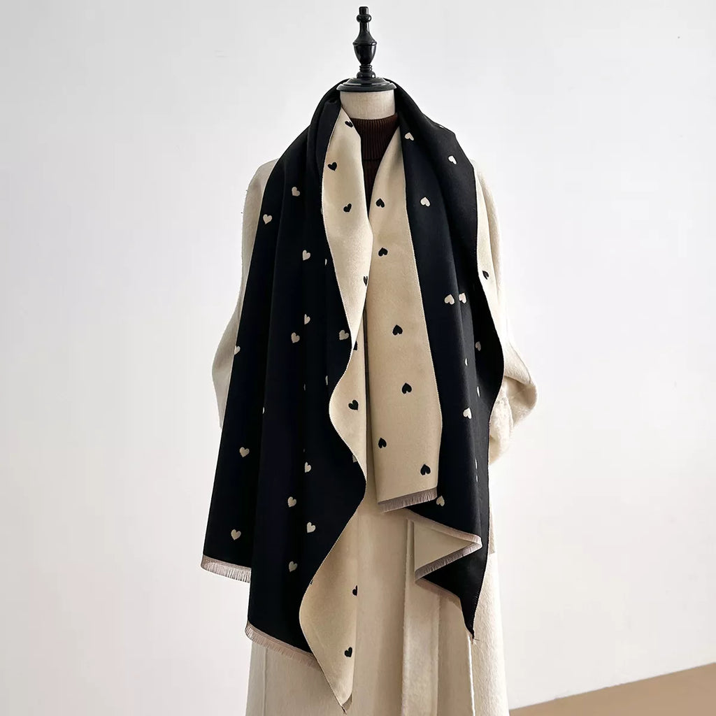 Heart-Patterned Raw Hem Winter Scarf in Black One Size - photo