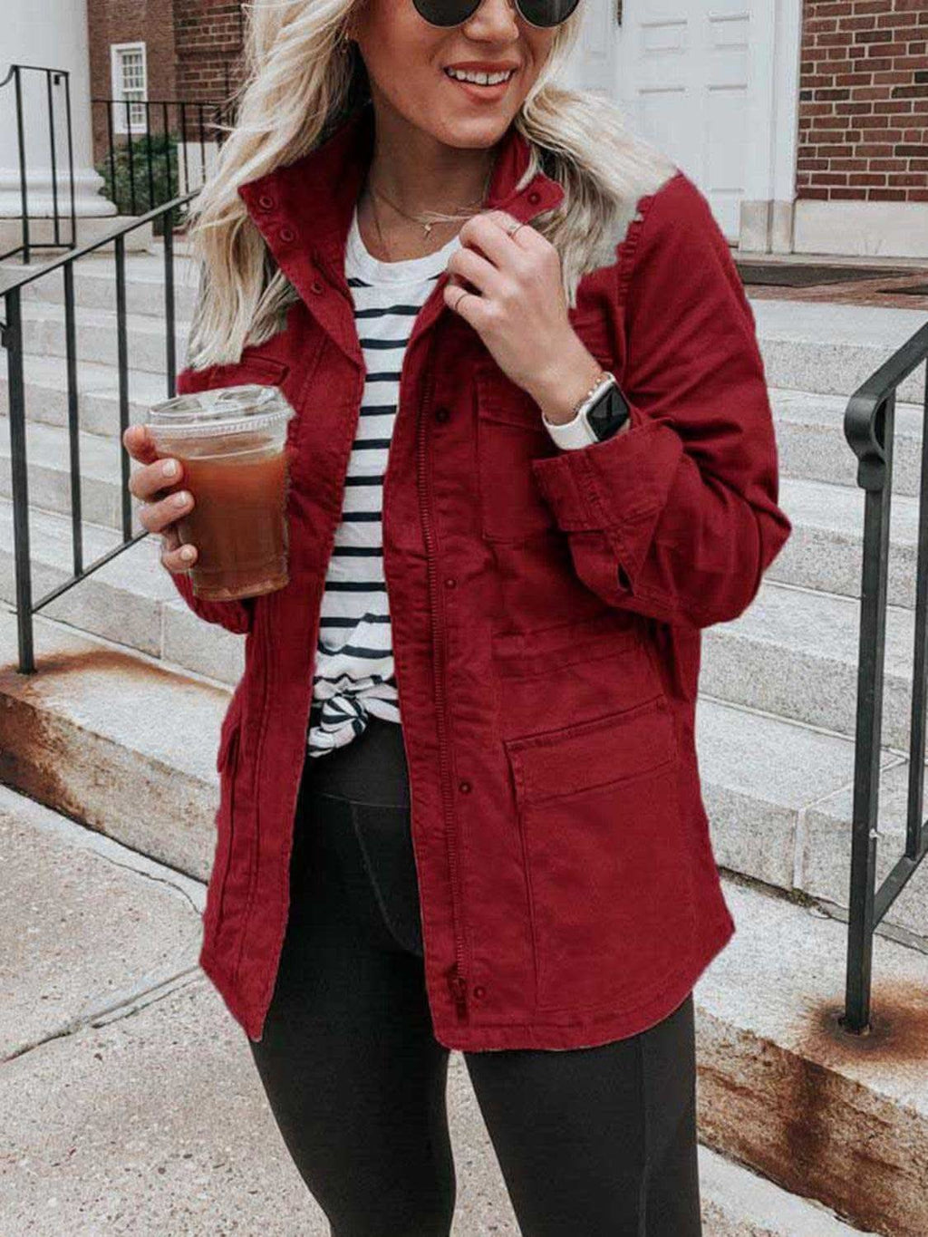 Pocketed Long Sleeve Zip Up Jacket in Rust - Jackets photo