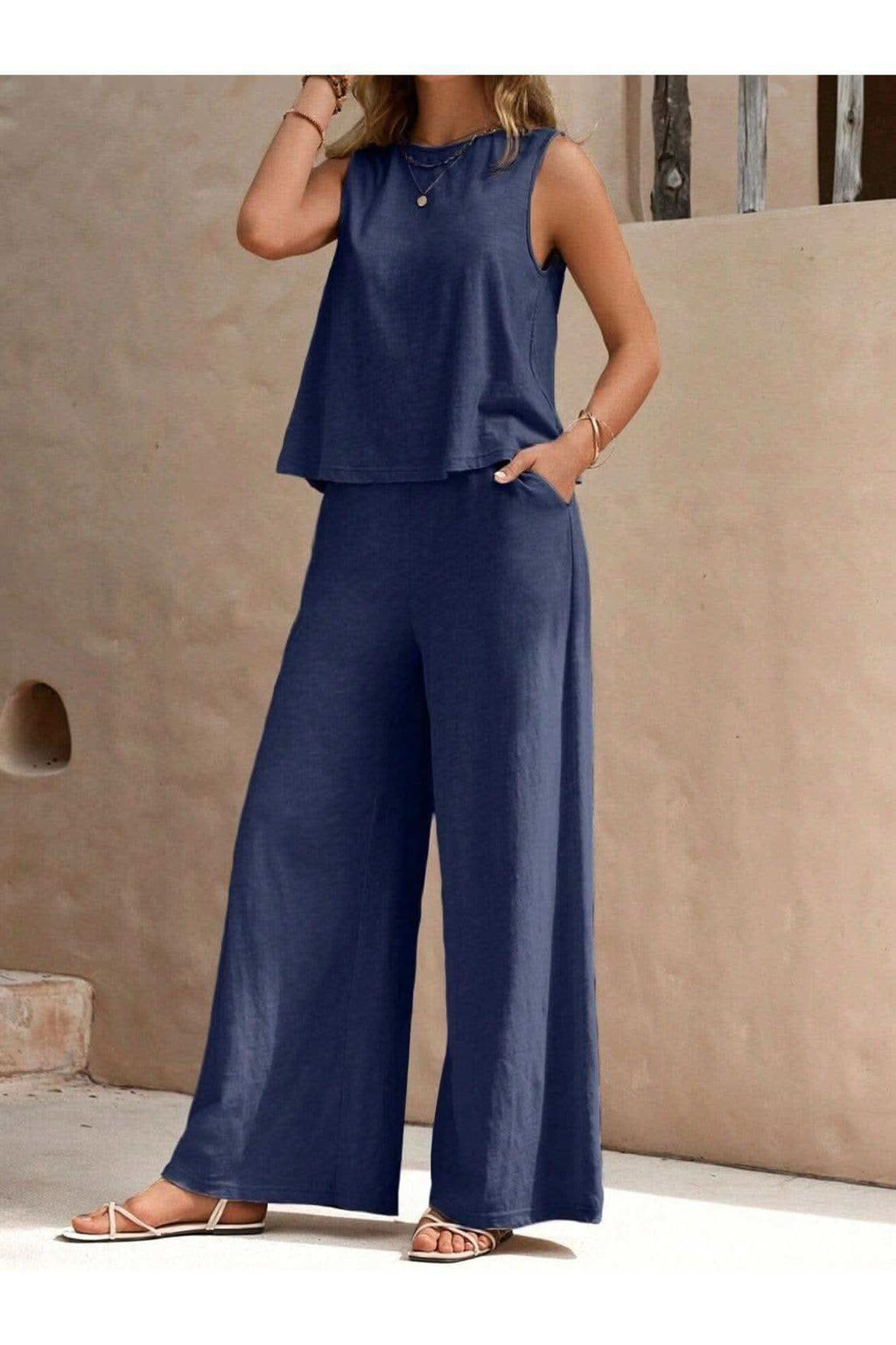 Round Neck Sleeveless Top and Wide Leg Pants Set - SwagglyLife Home & Fashion