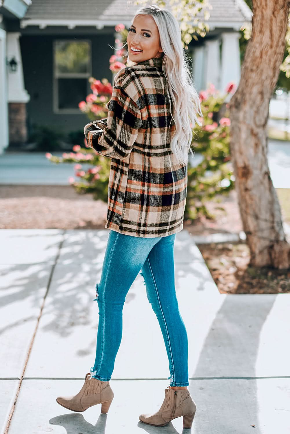 Plaid Button Front Shirt Jacket with Breast Pockets in - photo