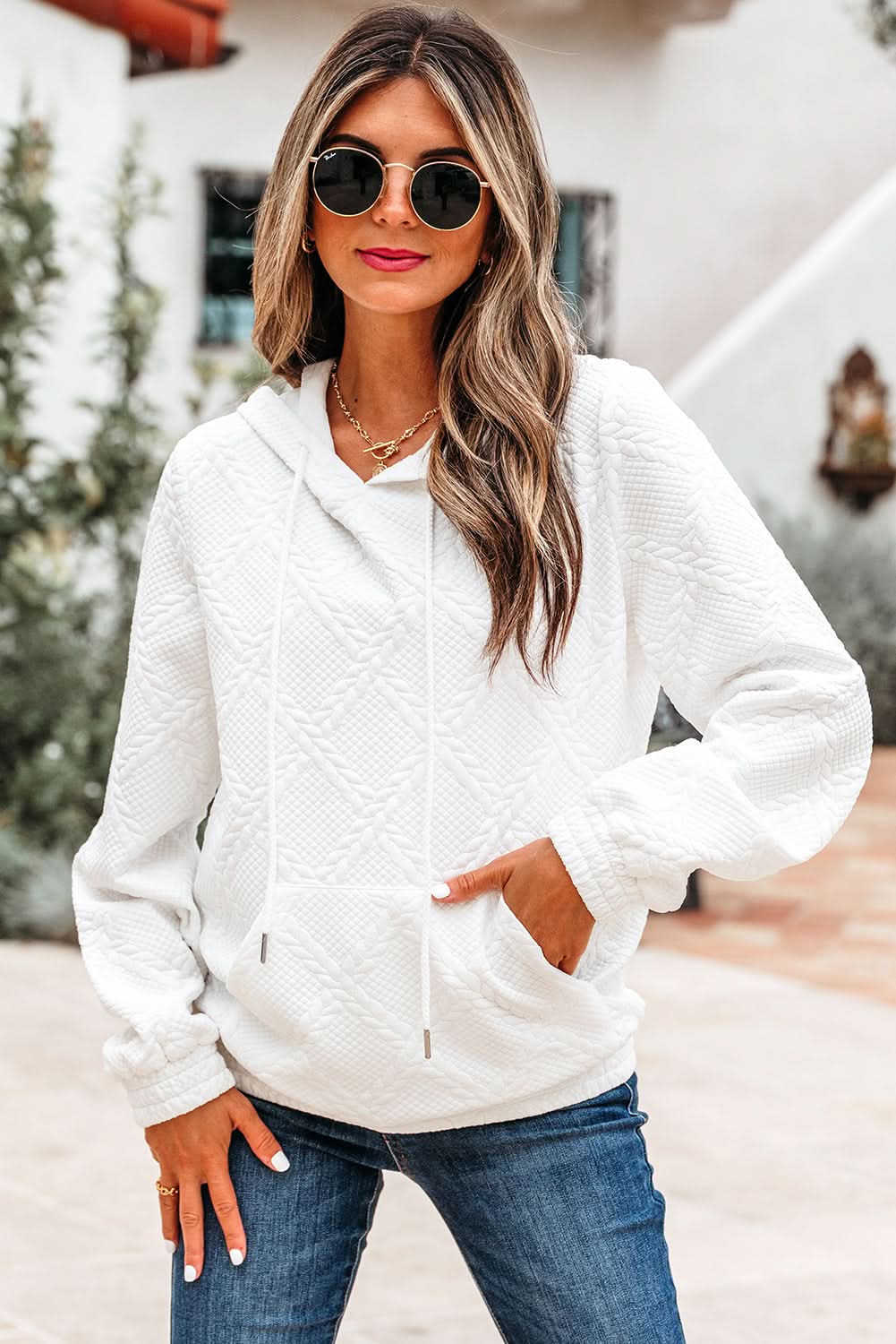Magnolia Cable Lattice Texture Kangaroo Pocket Hoodie in - Tops/Sweatshirts & Hoodies photo