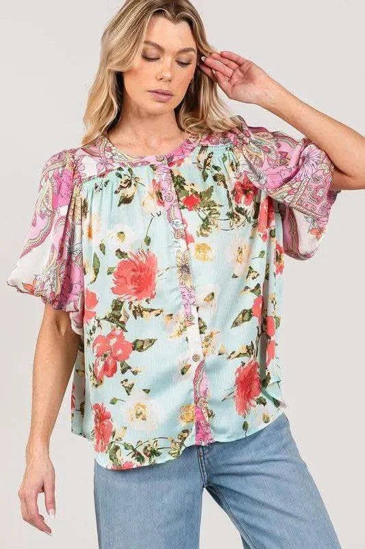 SAGE+FIG Plus Size Floral Mineral Wash French Terry Button Up Shirt in - photo
