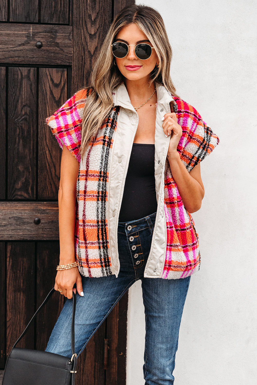 Molly Sherpa Plaid Jacket Vest in Rose - Outerwear/Vests photo