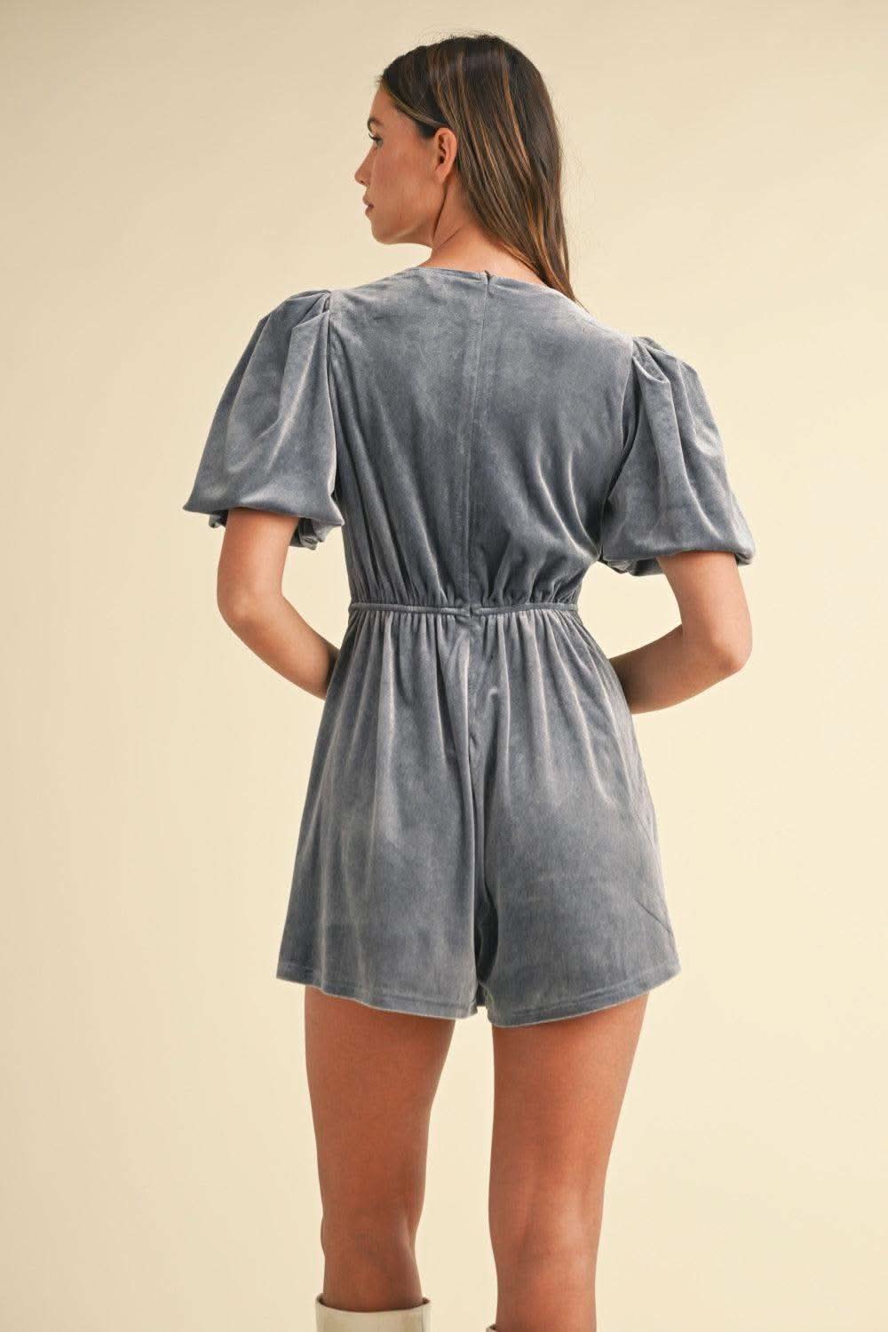 Mable Jewel Bow Decor Puff Sleeve Velvet Romper - SwagglyLife Home & Fashion Mable Jewel Bow Decor Puff Sleeve Velvet Romper - SwagglyLife Home & Fashion