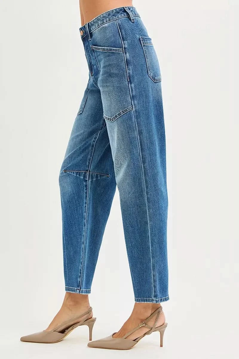 RISEN 4 Way Stretch Mid Rise Barrel Jeans with Patch Pocket Detail in - photo