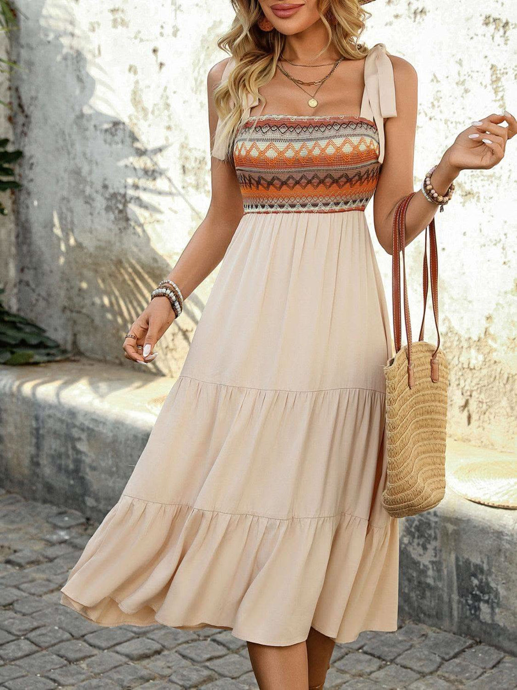 Tie Shoulder Square Neck Tiered Midi Dress in - photo