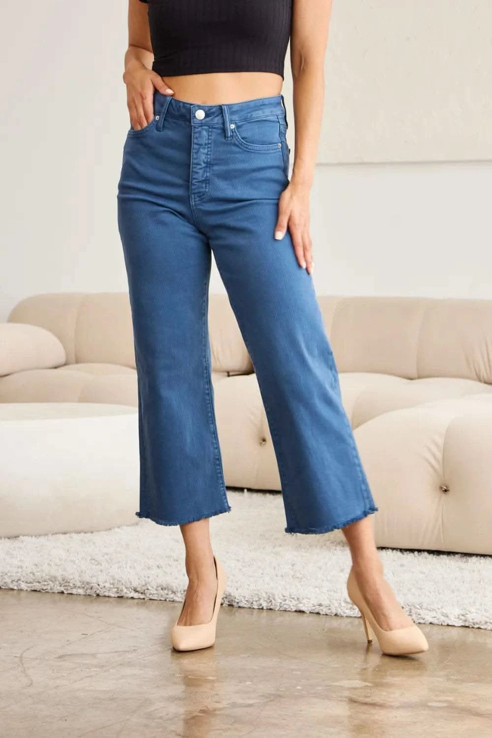 RFM Crop Chloe Full Size Tummy Control High Waist Raw Hem Jeans in - photo