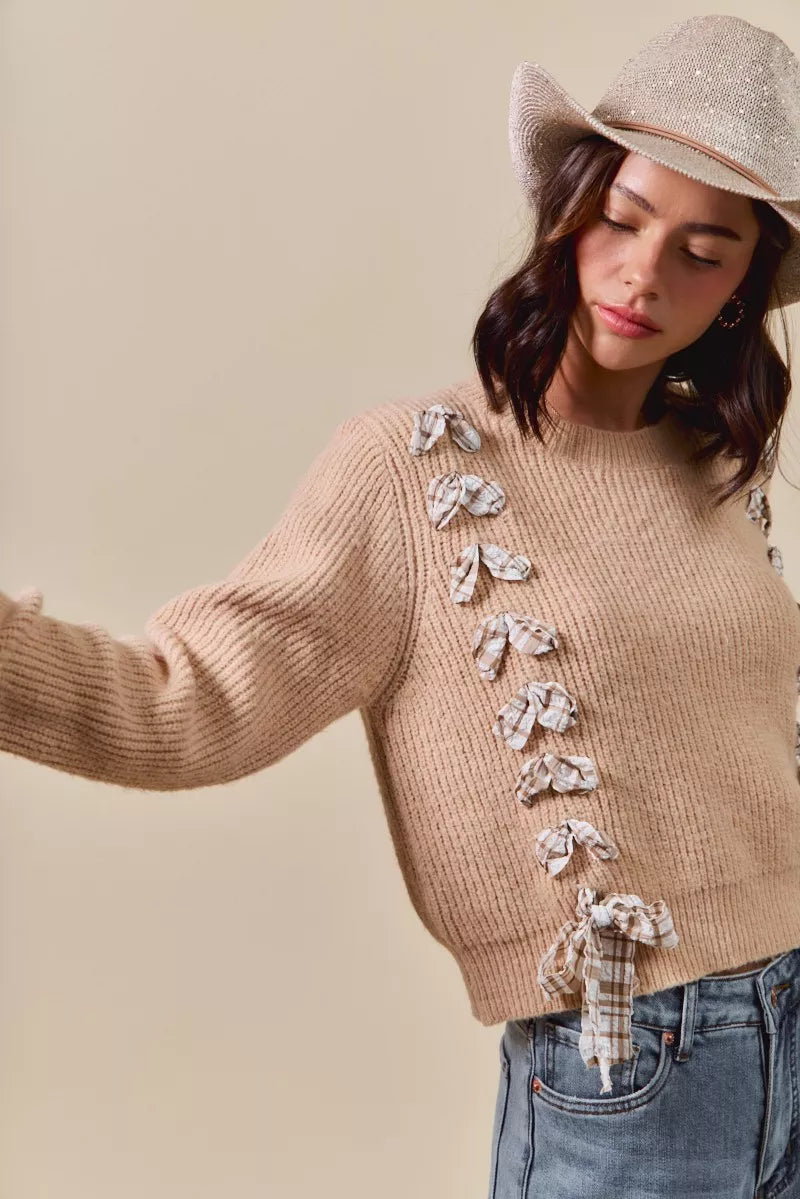 SO ME Checkered Plaid Tape Lace Up Ribbed Sweater in - photo