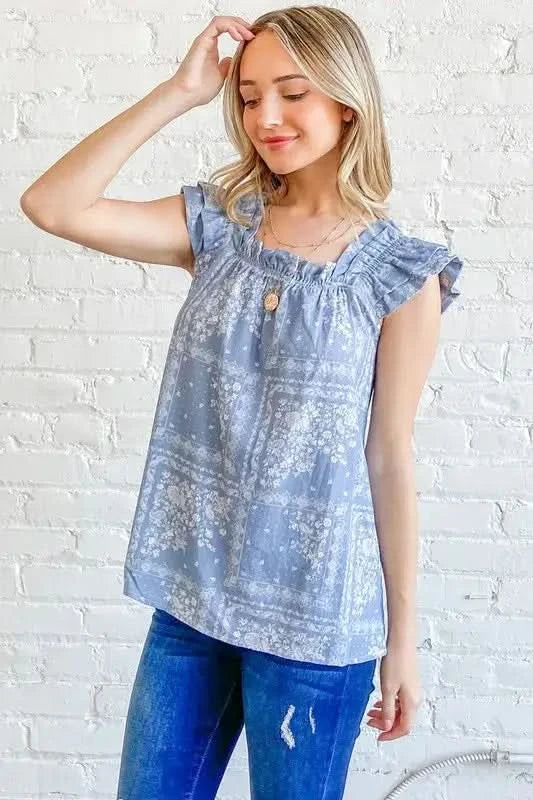 And The Why Boho Print Rayon Linen Ruffle Baby Doll Tank Top - SwagglyLife Home & Fashion