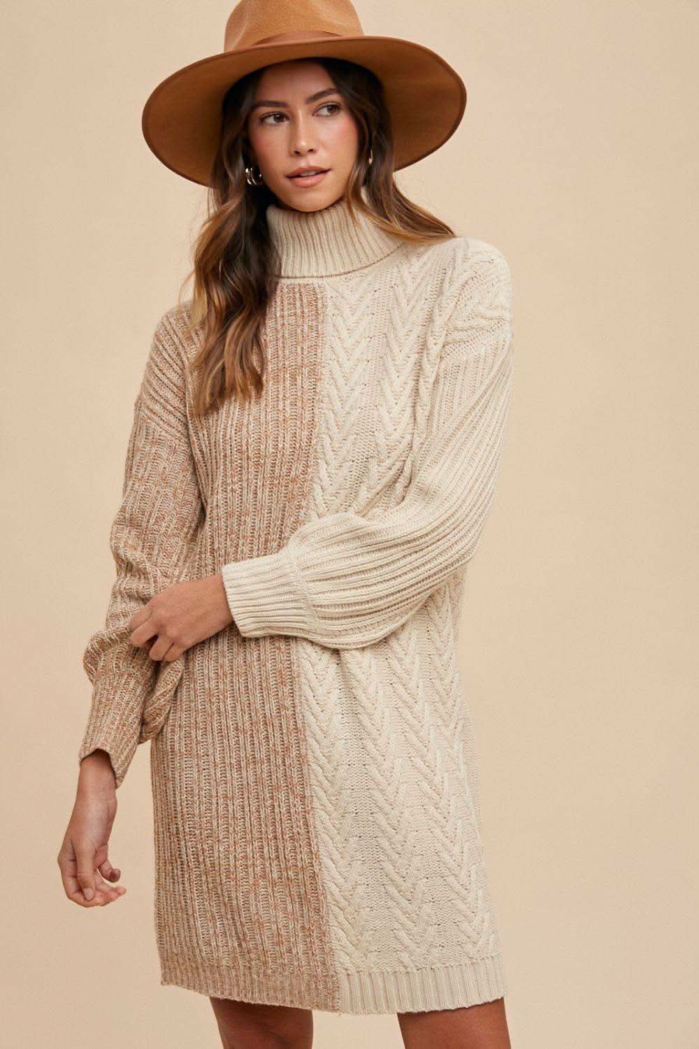 Annie Wear Color Block Turtleneck Sweater Dress in Taupe - Dresses photo