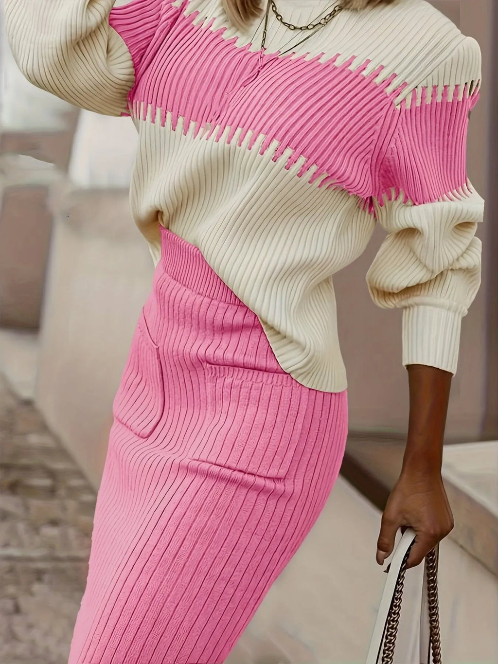 Two-Tone Ribbed Knit Top and Skirt Sweater Set in - photo