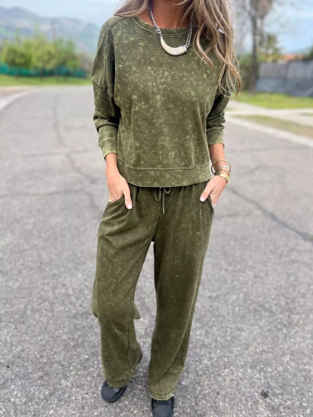 Full Size Washed Round Neck Top and Drawstring Pants Set Plus Size in Green - photo