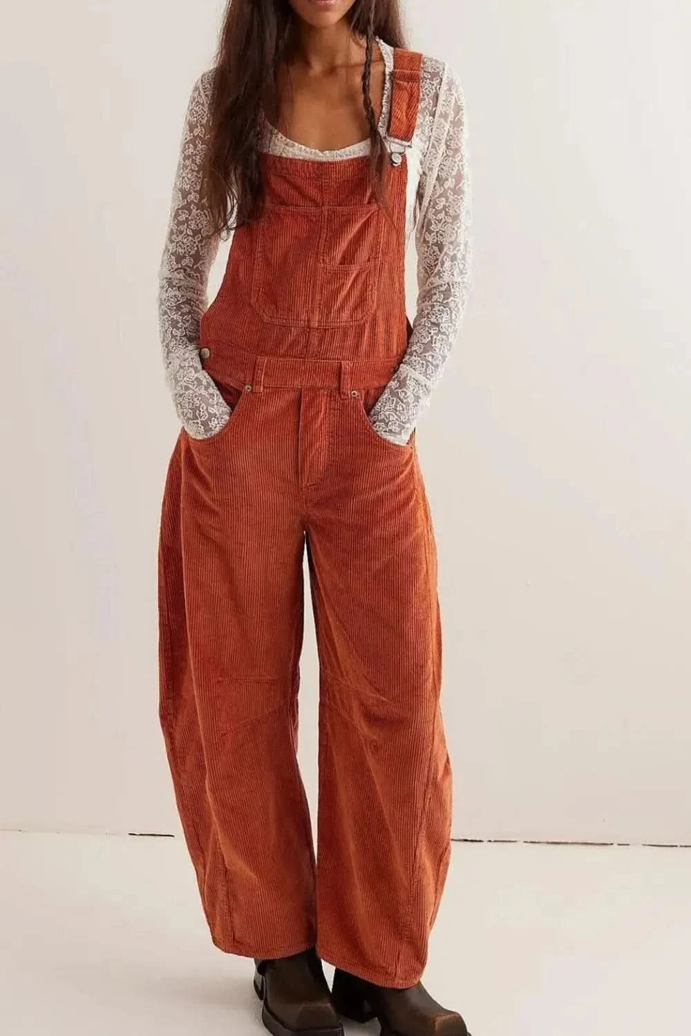 Corduroy Wide-Leg Overall with Adjustable Straps in Ochre - photo