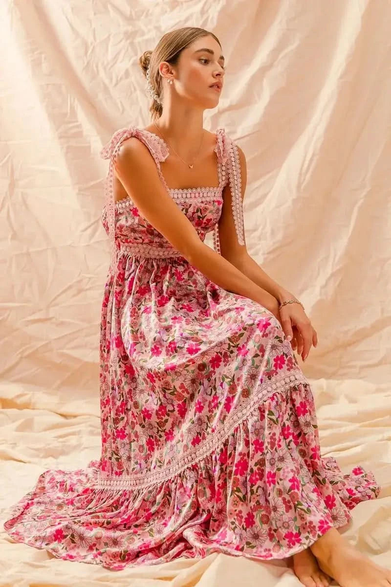 SO ME Floral Maxi Dress With Ribbon Tie Lace Strap in - photo