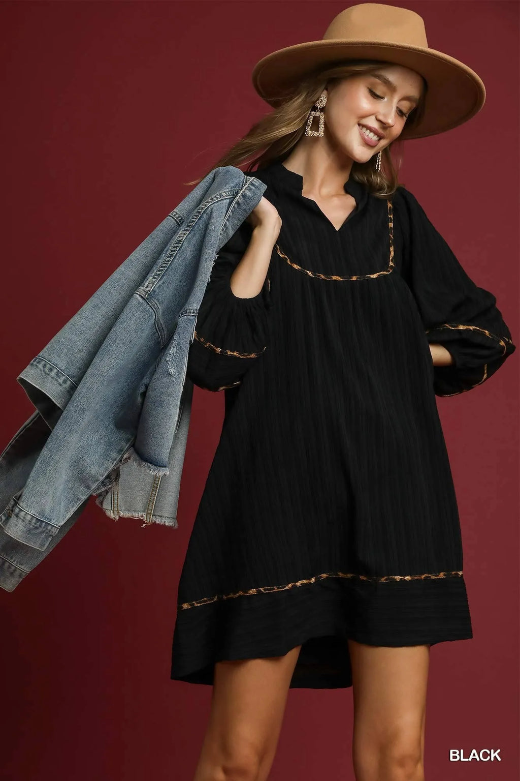 Umgee Full Size Textured Babydoll Dress with Leopard Trim Plus Size in Black - photo