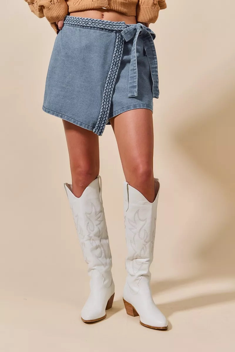 SO ME Wrap Braided Trimmed Denim Skort in - photo