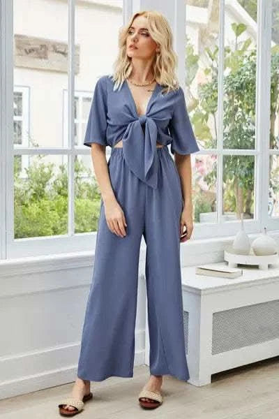 Tie Front Cutout Wide Leg Jumpsuit in - photo