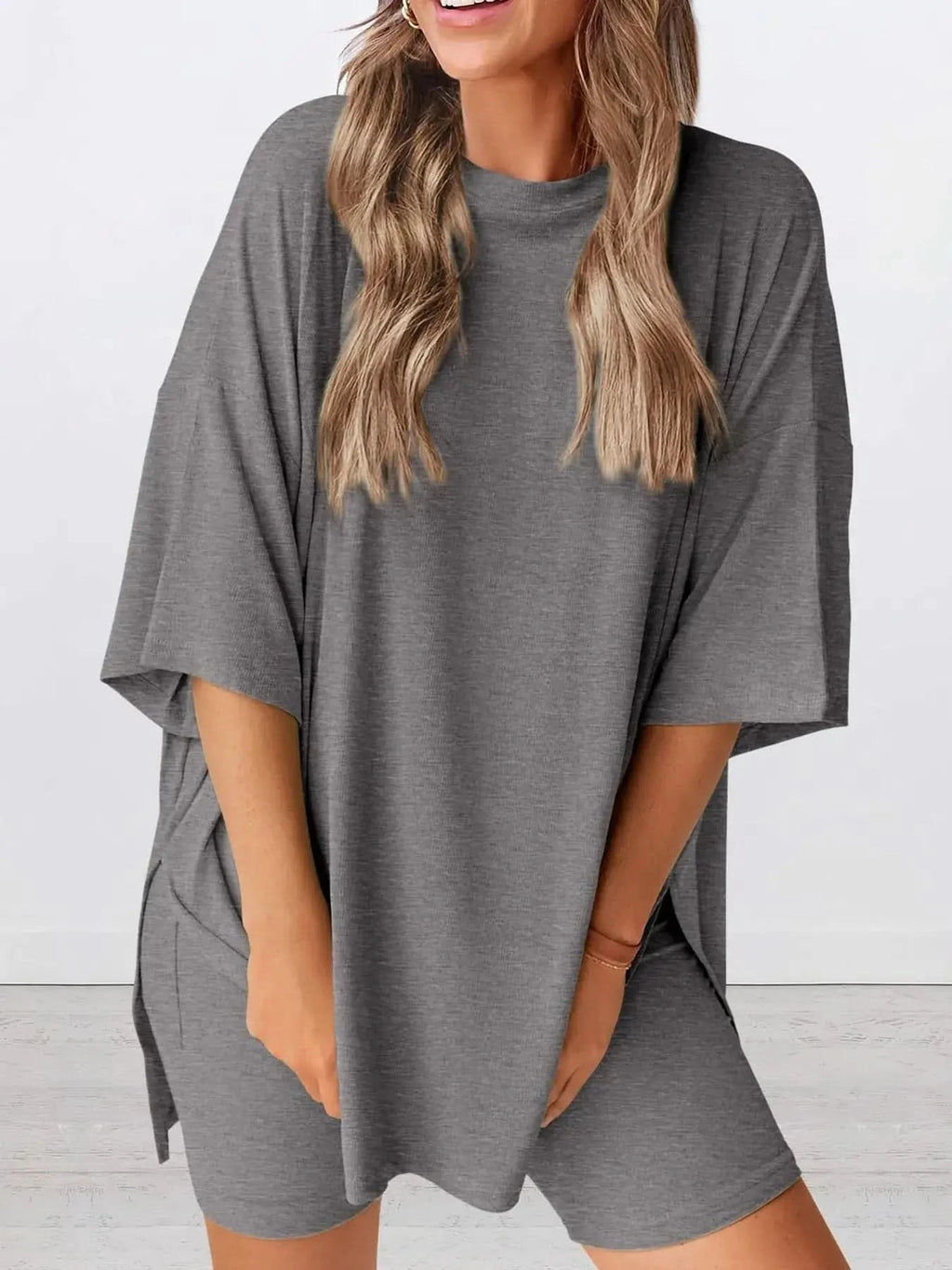 Full Size Oversized Slit Round Neck Top and Shorts Lounge Set Plus Size in Grey - photo