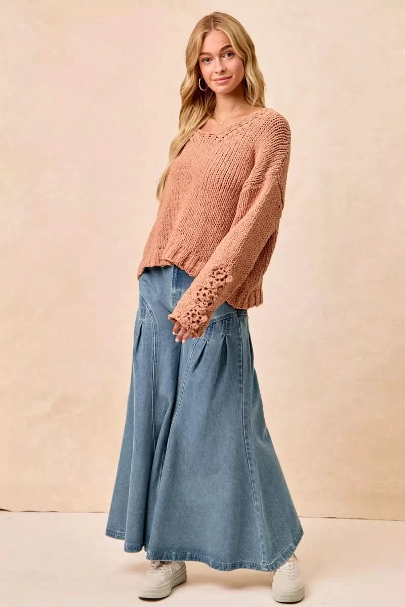 BiBi Chunky Knit Sweater with Flower Detail Sleeves in - photo