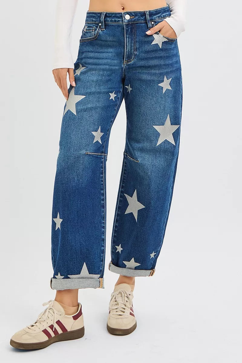 RISEN Star Print Mid Rise Barrel Jeans in DARK - photo