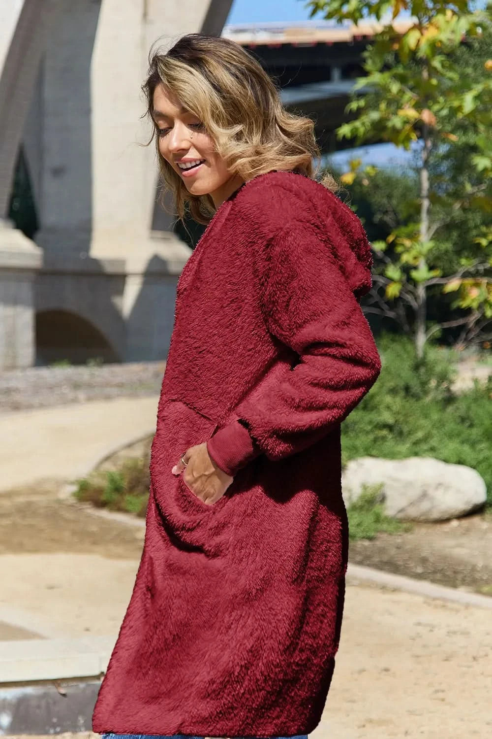 Double Take Full Size Hooded Teddy Bear Jacket with Thumbholes in - photo