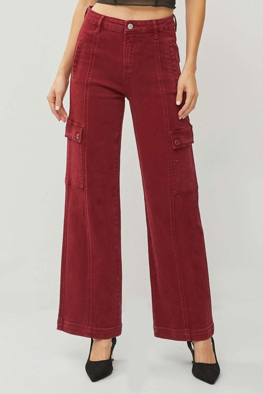 RISEN Full Size High Rise Wide Leg Cargo Jeans in Wine - photo