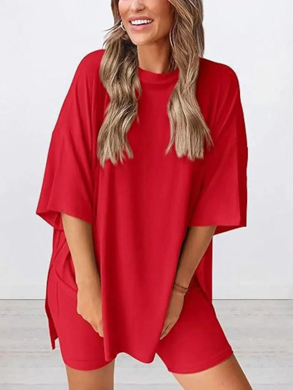 Full Size Oversized Slit Round Neck Top and Shorts Lounge Set Plus Size in - photo