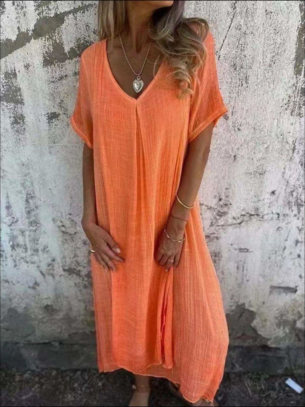Full Size V-Neck Short Sleeve Midi Dress Plus Size in Tangerine - dresses photo