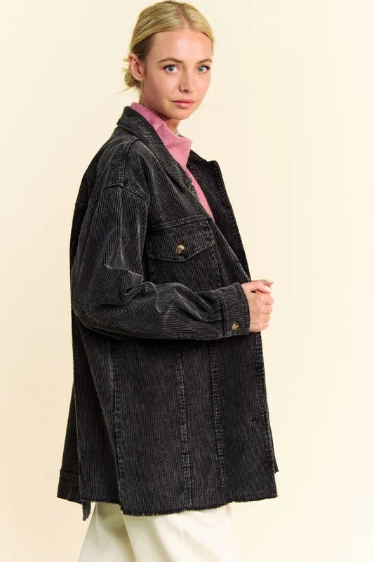 Davi & Dani Washed Corduroy Raw Hem Button Up Jacket in - photo