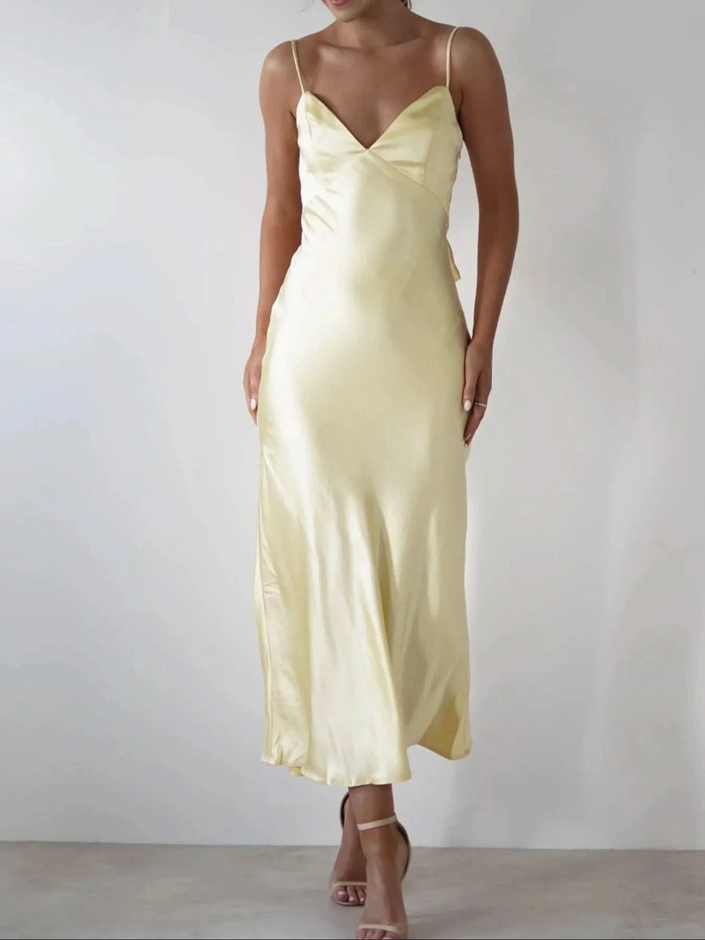 Satin Backless Cami Dress in Light Yellow - photo
