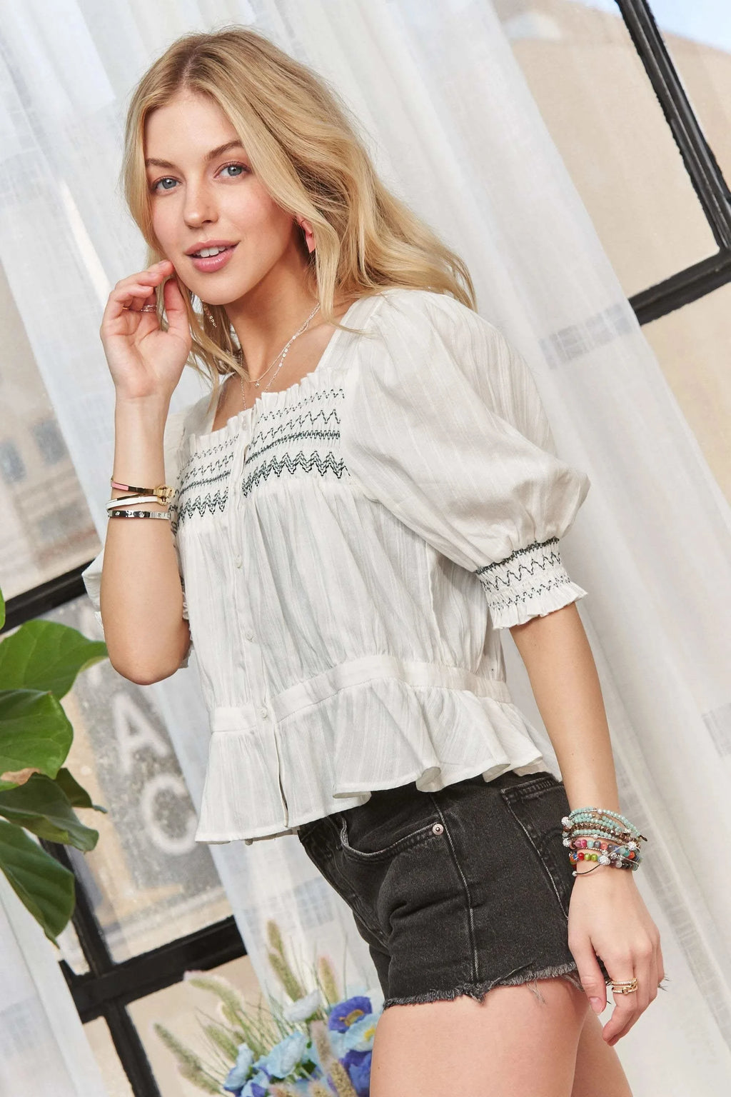 ADORA Smocked Puff Sleeve Peasant Blouse - SwagglyLife Home & Fashion