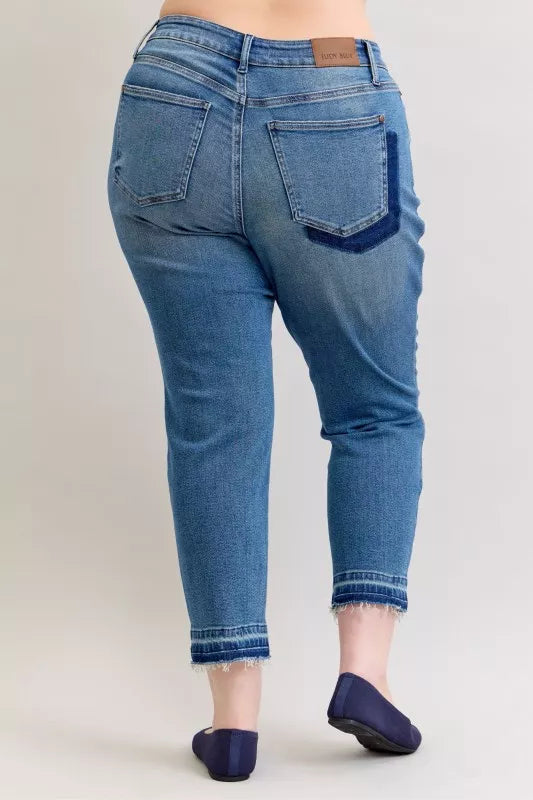 Judy Blue Full Size Mid Rise Bf Patch & Repair Destroy Release Hem Jeans Plus Size in - photo