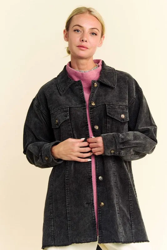Davi & Dani Washed Corduroy Raw Hem Button Up Jacket in Black - photo