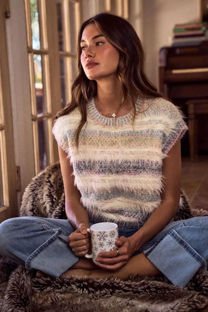 SO ME Soft Fuzzy Multi Color Stripe Cozy Sweater Top in - photo