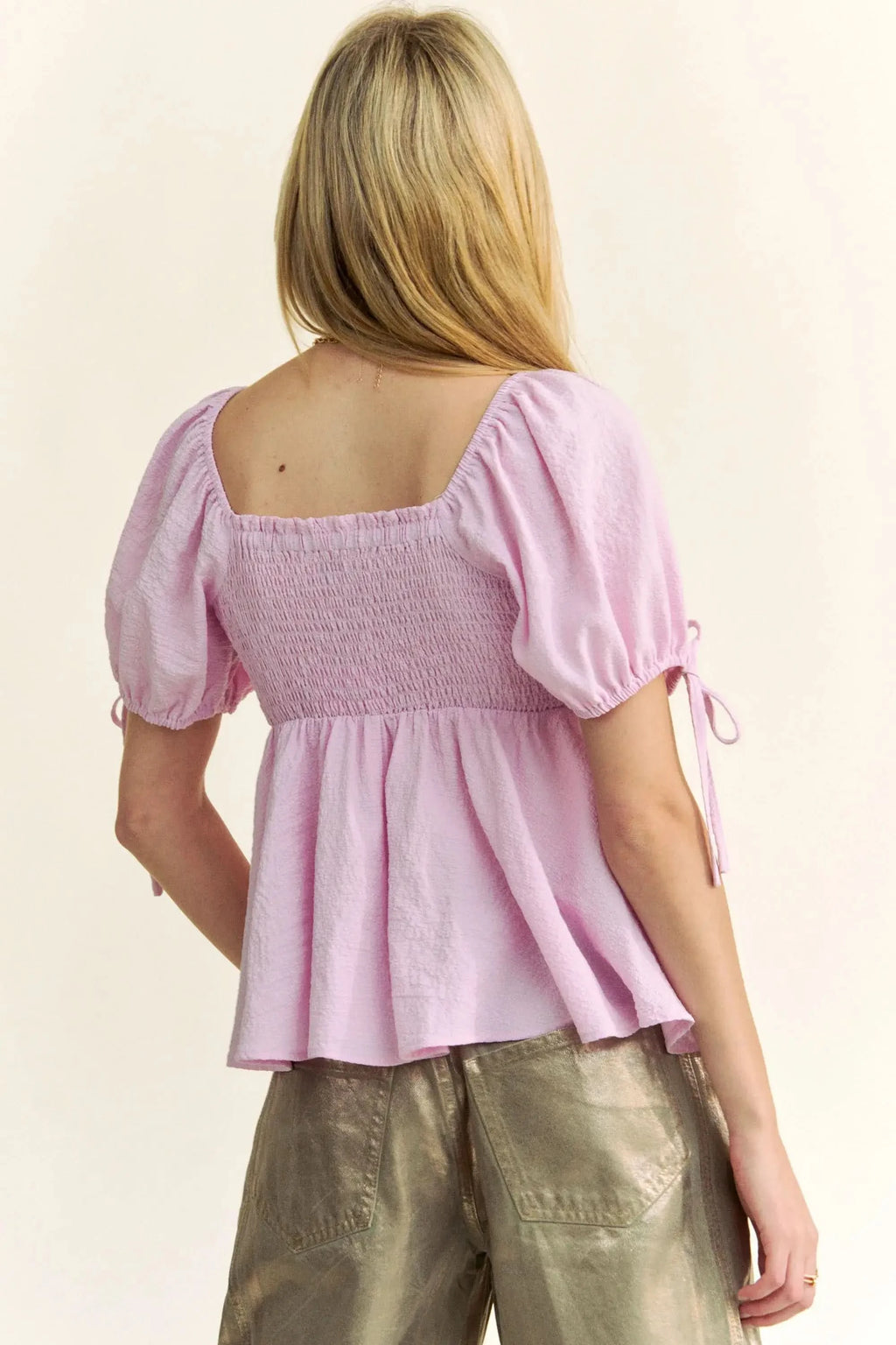 Davi & Dani Solid Elastic Peplum Puffed Sleeves Blouse in - photo