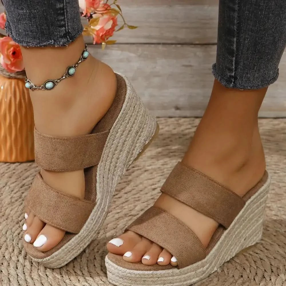 Open Toe Platform Wedge Sandals in Camel - photo