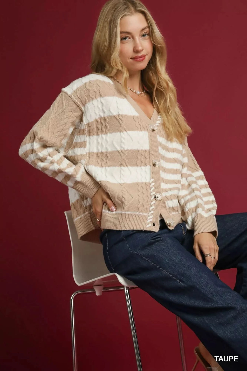 Umgee Cable-Knit Stripe Button-Up Cardigan in - photo
