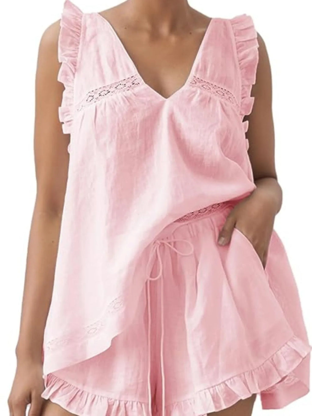 Ruffled V-Neck Top and Shorts Set - SwagglyLife Home & Fashion
