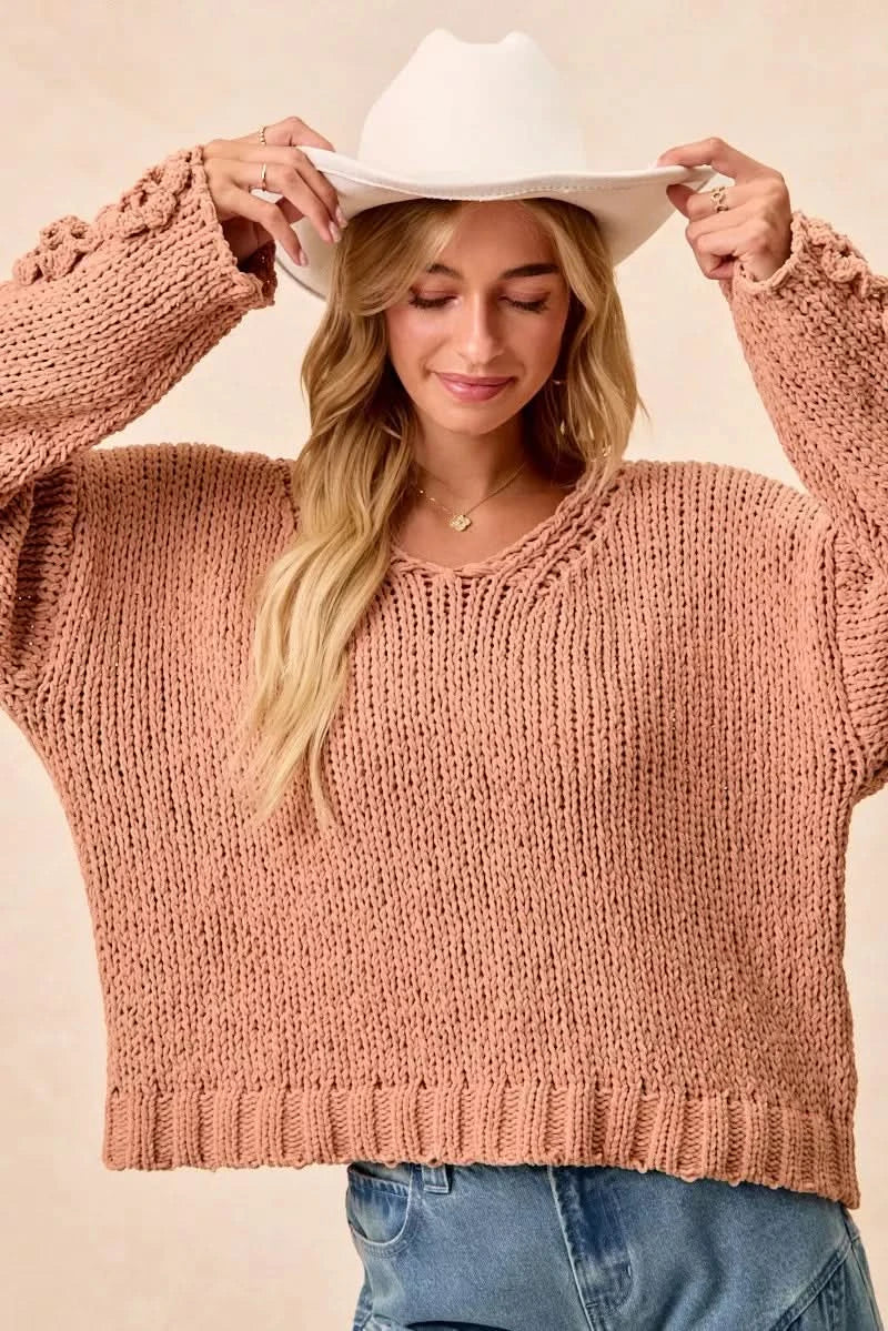 BiBi Chunky Knit Sweater with Flower Detail Sleeves in - photo