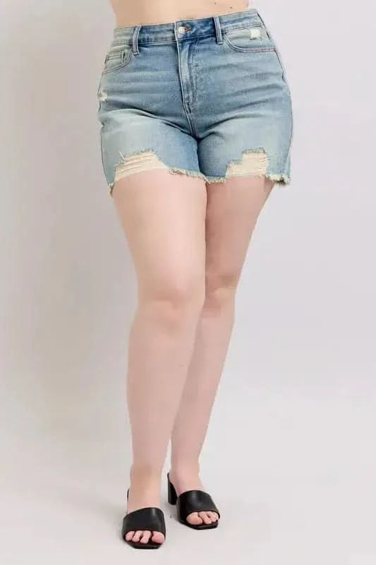 Judy Blue Plus Size High Rise Washed Fly Stitch Detail and Destroy Denim Shorts - SwagglyLife Home & Fashion