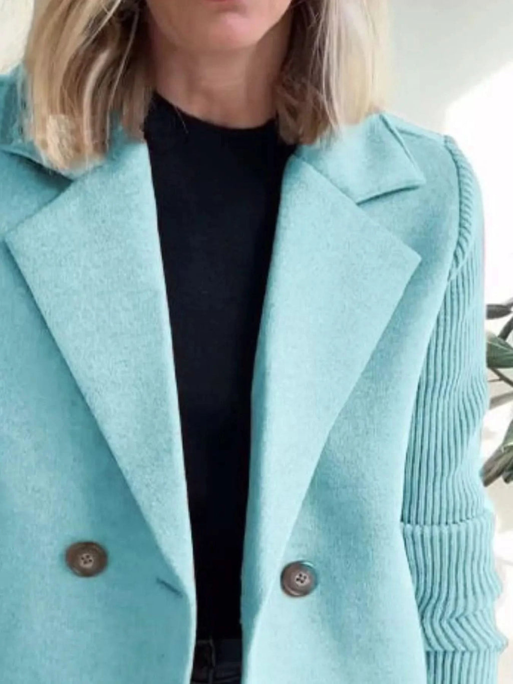 Knit Sleeve Double-Breasted Outerwear in - photo