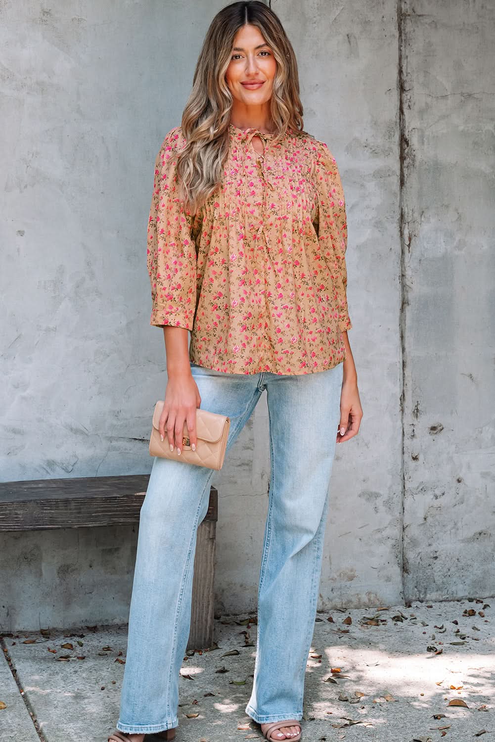 Sadie Floral Bow Pin-tuck Bust Half Puff Sleeve Blouse in - Tops/Blouses & Shirts photo