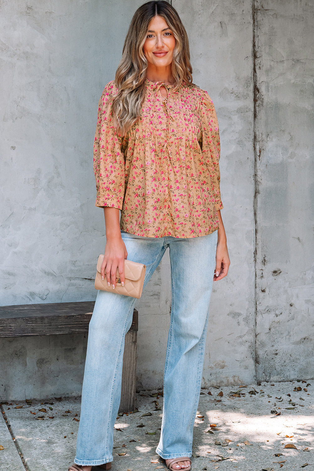 Sadie Floral Bow Pin-tuck Bust Half Puff Sleeve Blouse in - Tops/Blouses & Shirts photo