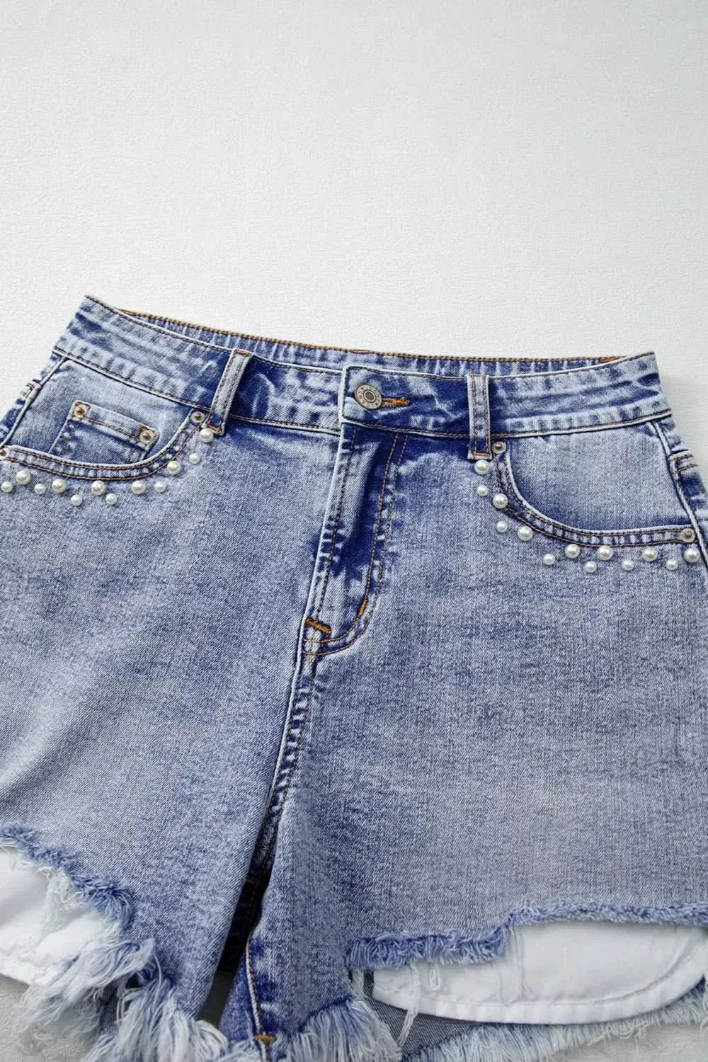 Pearl Studded Pockets Raw Hem Denim Shorts - SwagglyLife Home & Fashion