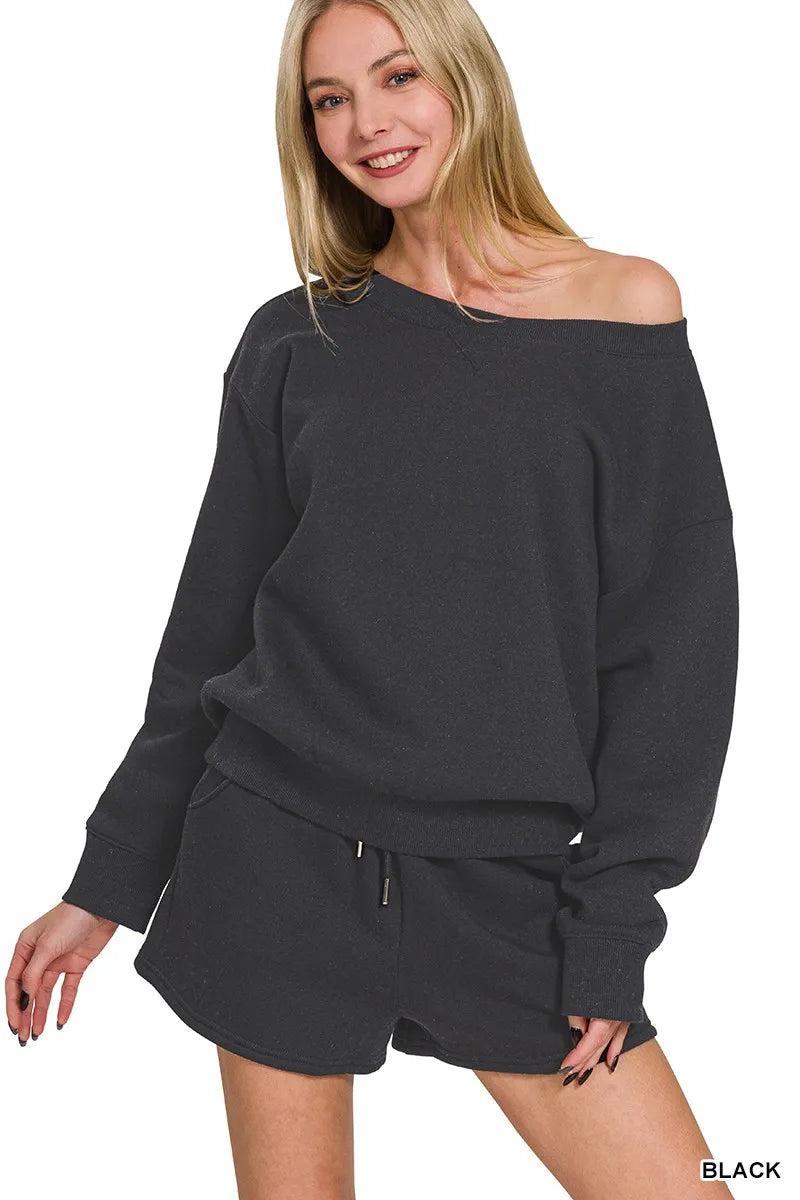 Zenana Fleece Boat Neck Sweatshirt and Shorts Set in BLACK - photo