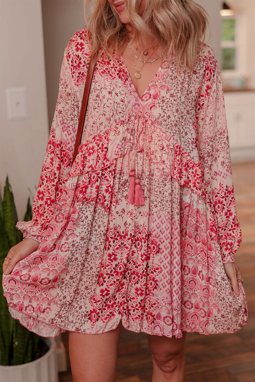 Melody Floral Tassel Tie Long Sleeve Mini Dress in Pink - Dresses/Floral Dresses photo