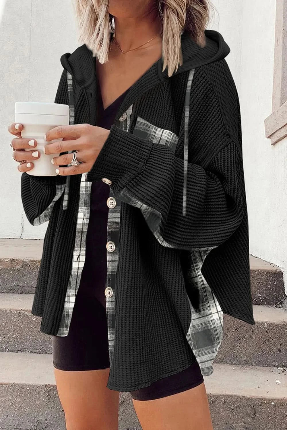 Waffle Knit Plaid Patchwork Drawstring Hooded Shacket in - photo